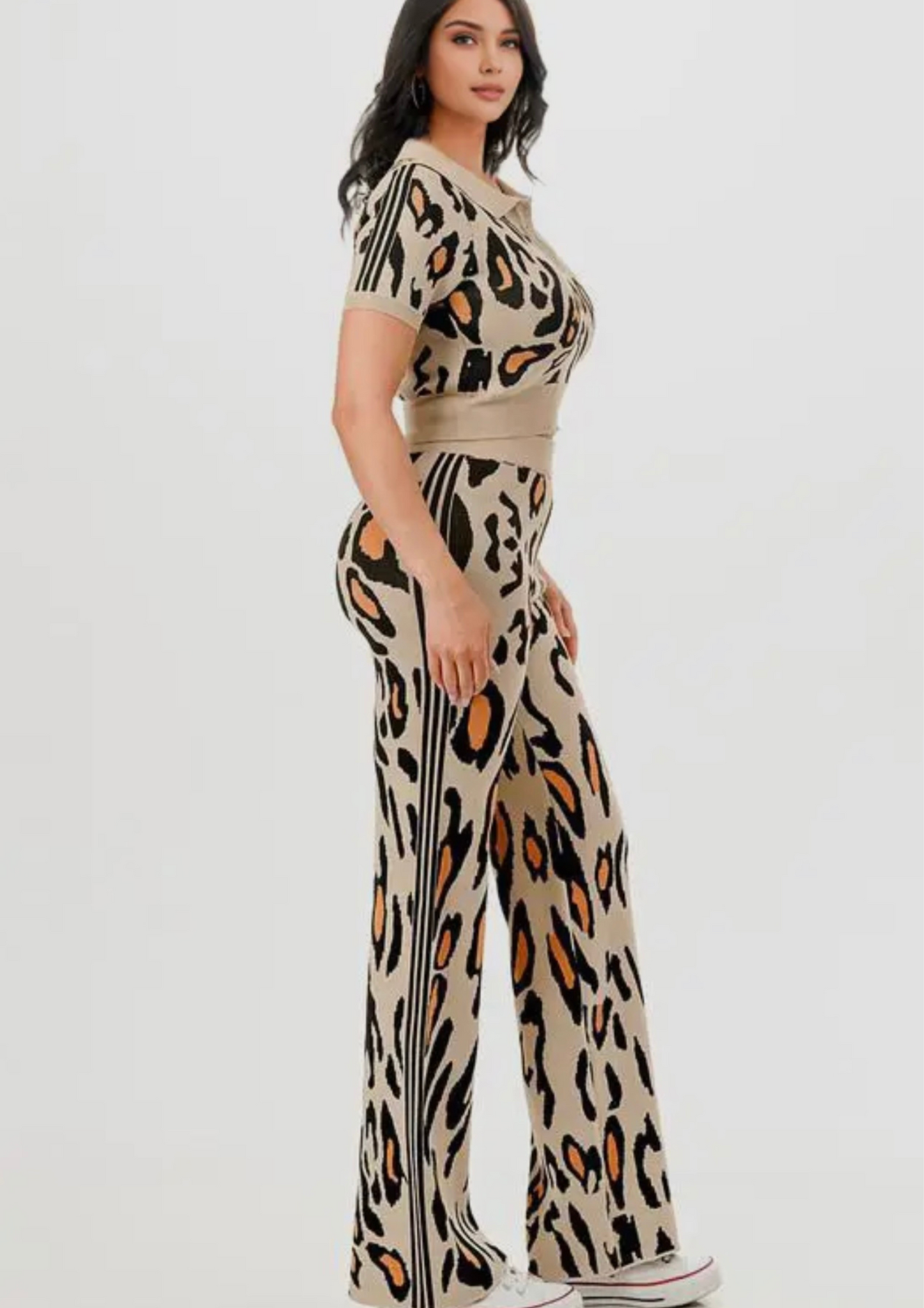 Aminal Printing Polo Shirt with Flare Pants Sweater Set