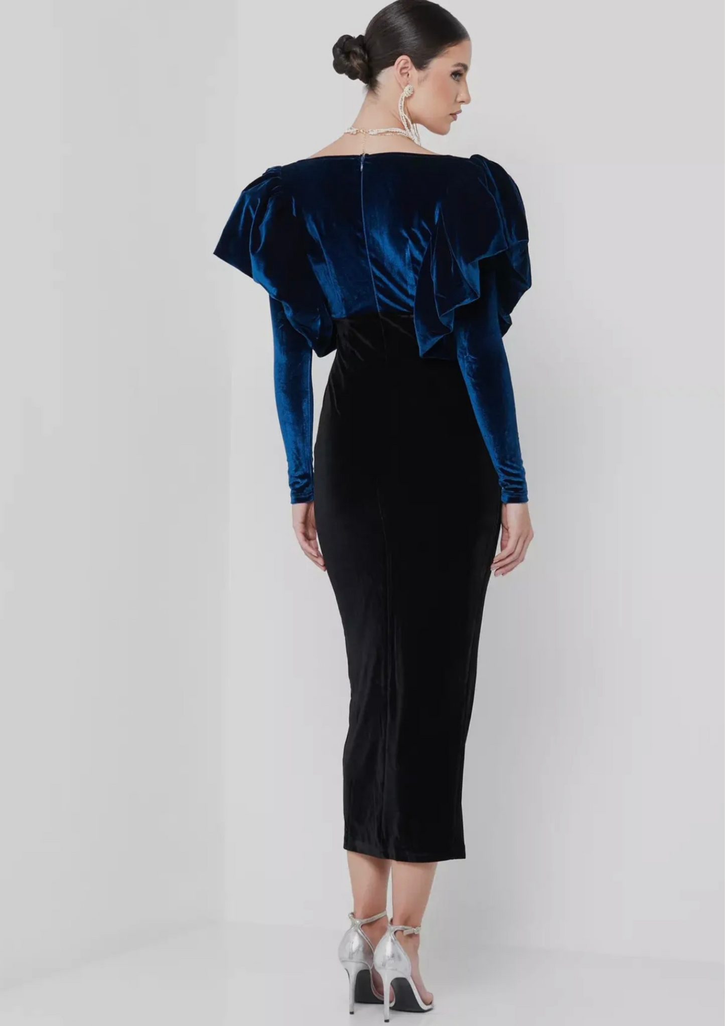 Selena Frilled Shoulder Velvet Midi Dress