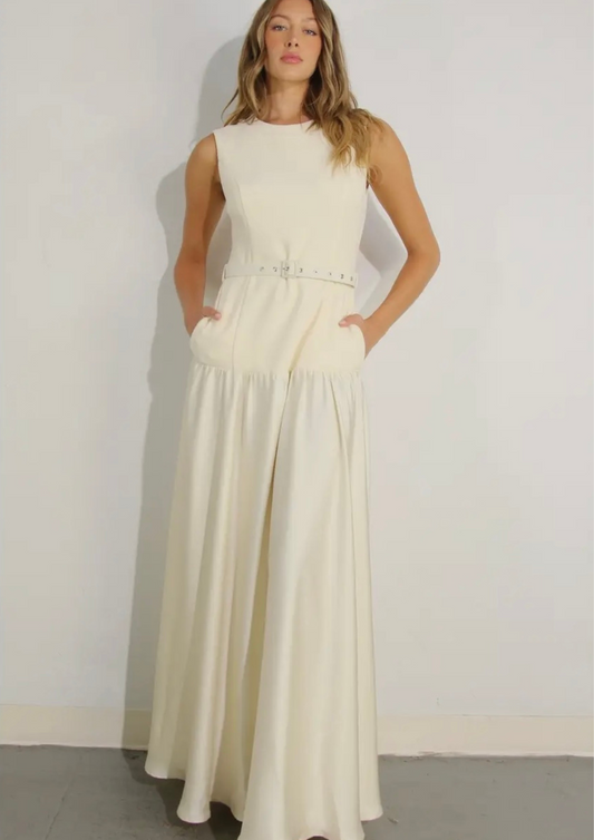 Mixed Fabric Belted Maxi Dress