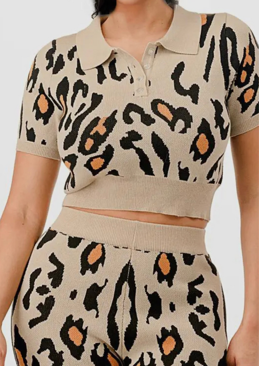 Aminal Printing Polo Shirt with Flare Pants Sweater Set