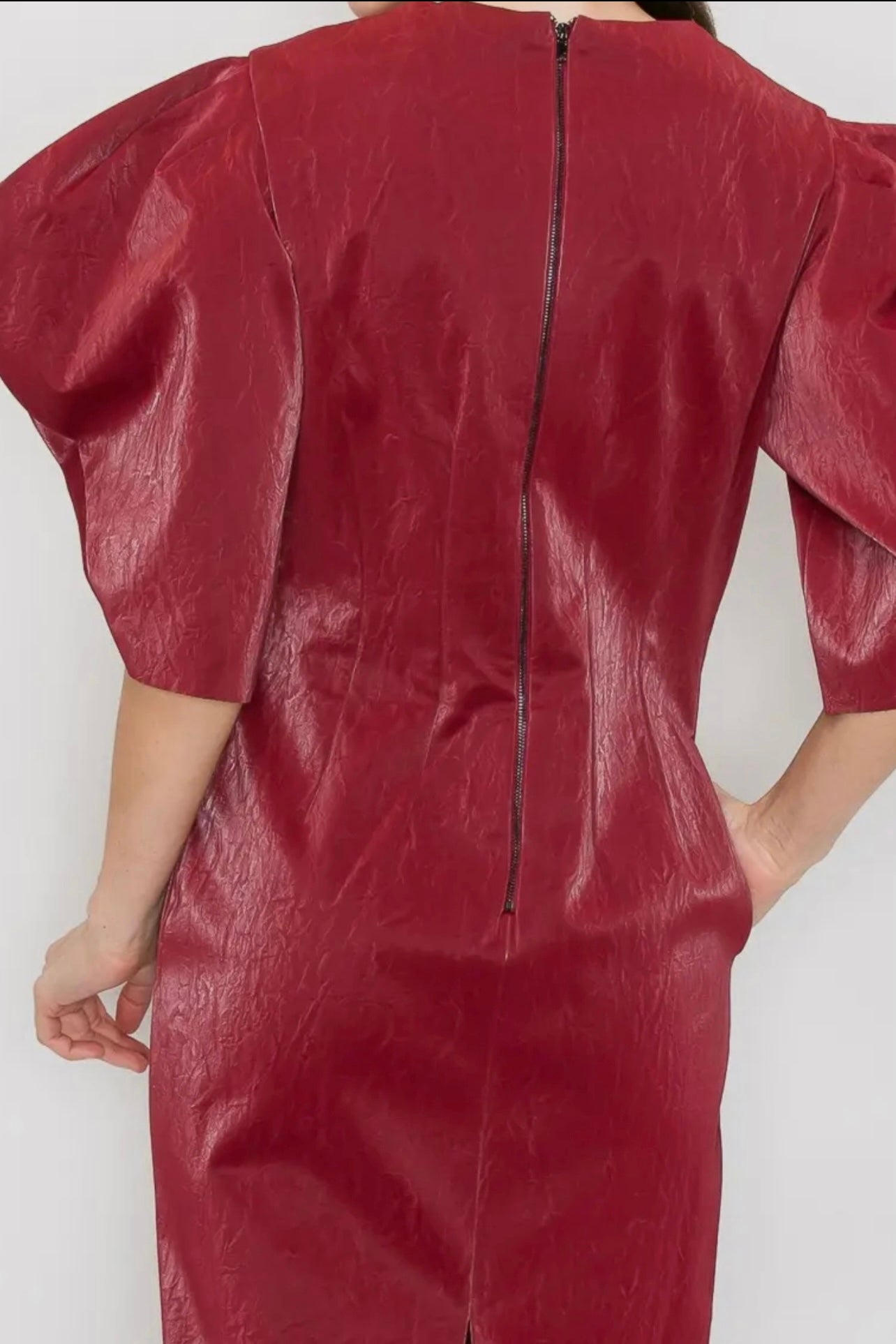 Puff Sleeves Faux Leather Midi Dress