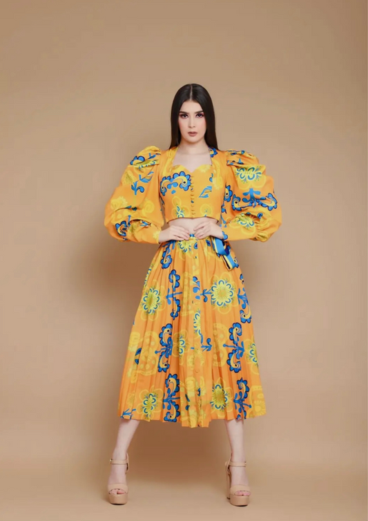 Puff Sleeve button Front Top & Pleated Midi Skirt/Yellow Multi