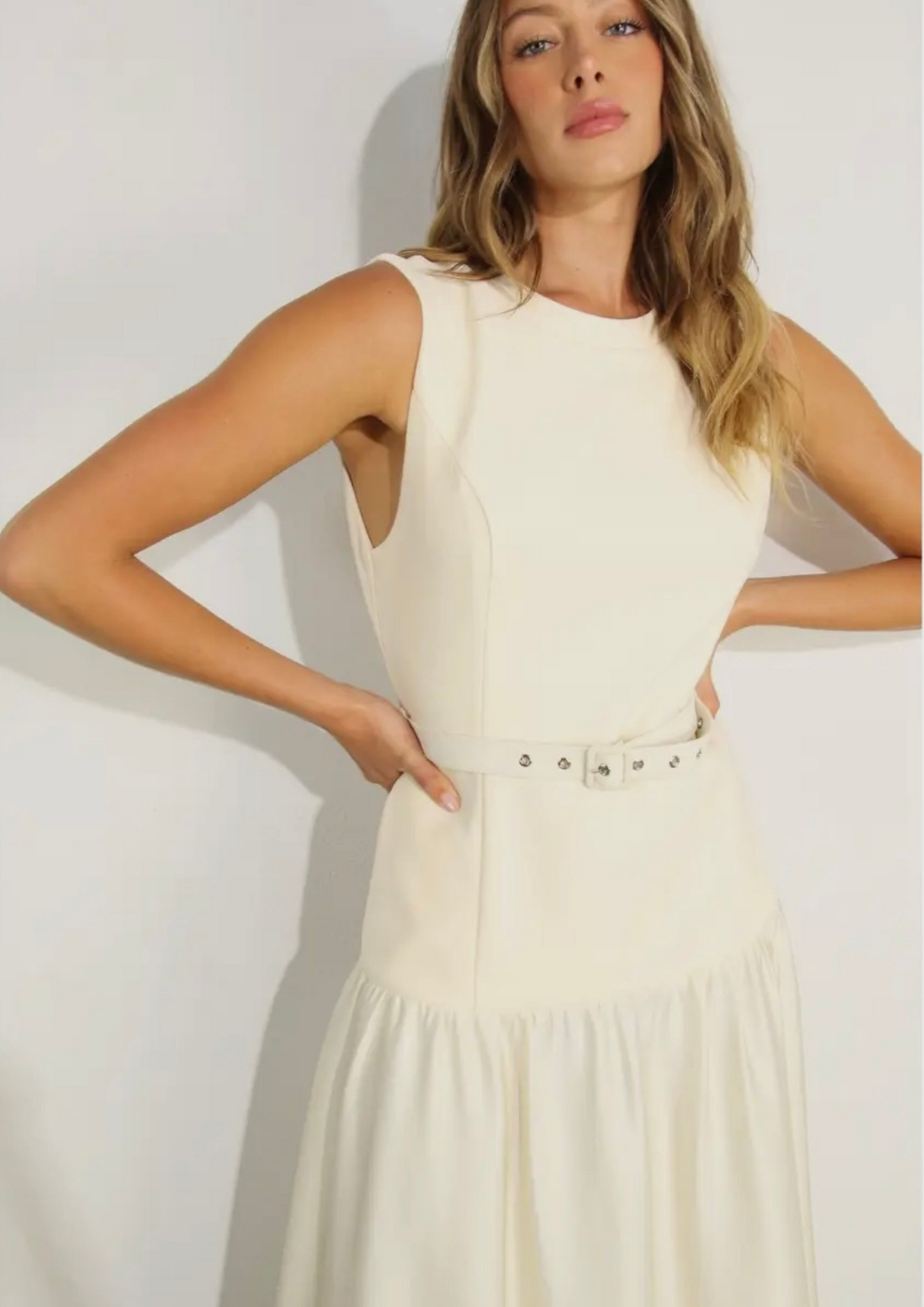 Mixed Fabric Belted Maxi Dress