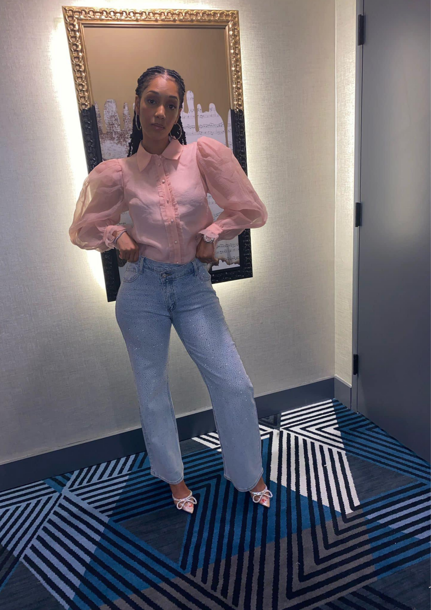 FRILLED PLACKET PUFF SLV BLOUSE