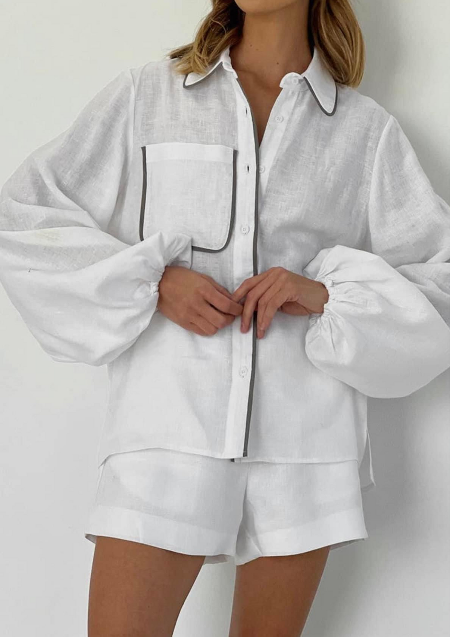 Contrast Trim Cotton Linen Two Piece Shorts Set Outfits.