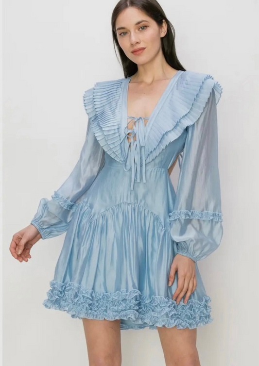 V-Neck Long sleeve Ruffles Wrinkle Open Back Mini Dress