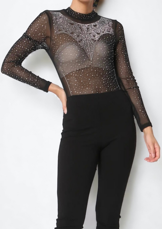 Mesh Top Rhinestone Bobysuit