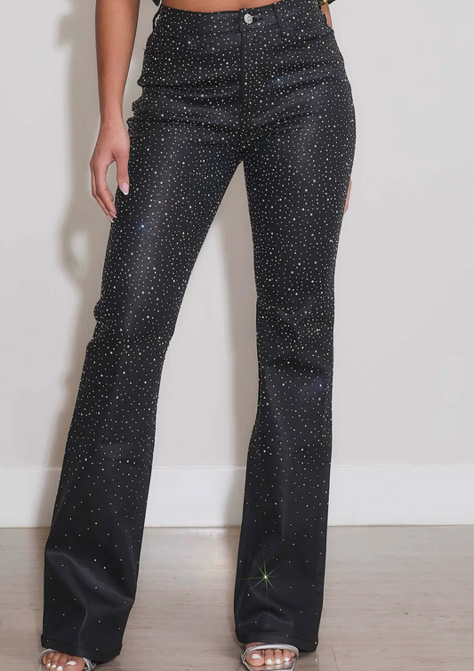 Iridescent Rhinestone Bootcut Coated Pants