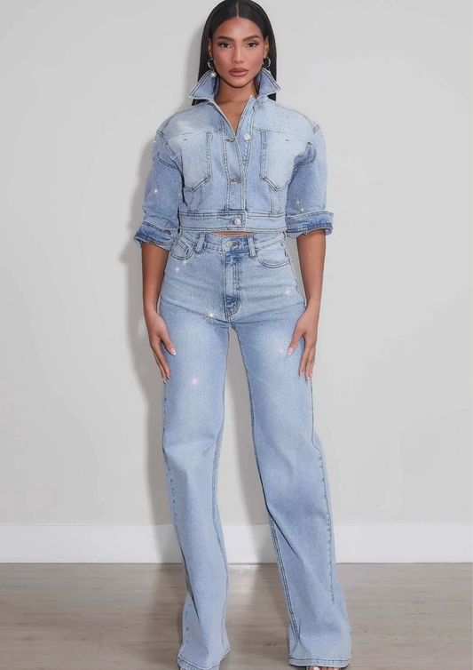 Iridescent Rhinestone High Rise Wide Leg Jeans