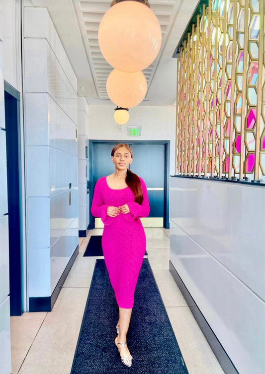 OPENWORK KNIT DEEP ROUND NECK LONG SLEEVE BELL DRESS