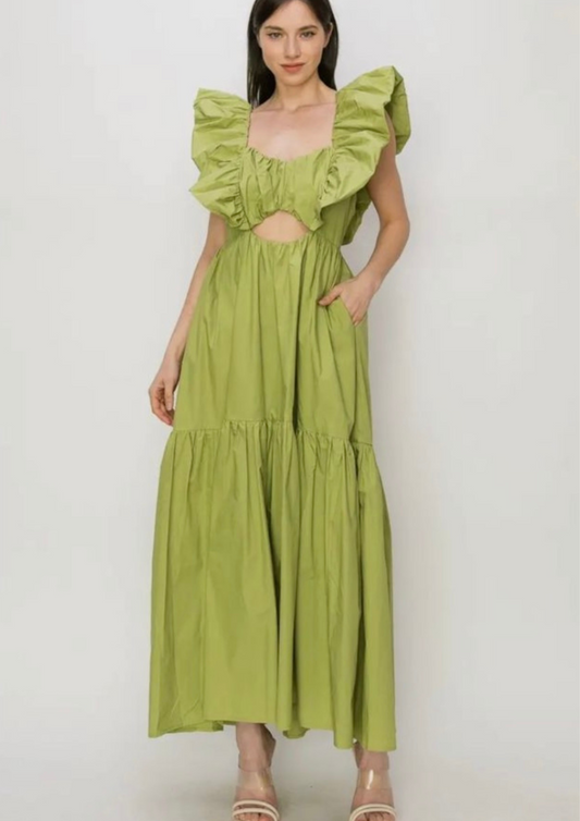Cotton Ruffle Shoulder Tiered Sleeves Ruched Maxi Dress
