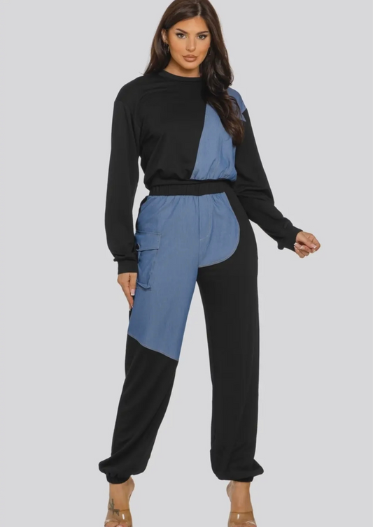 Color Block Contrast Demin Band Pants Ser