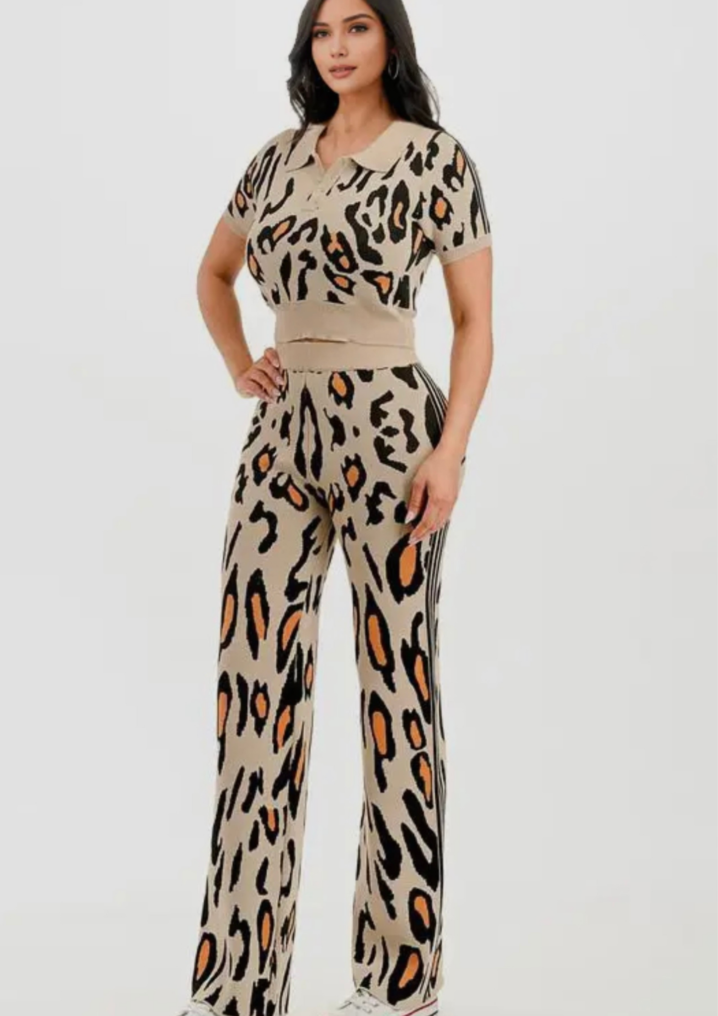 Aminal Printing Polo Shirt with Flare Pants Sweater Set