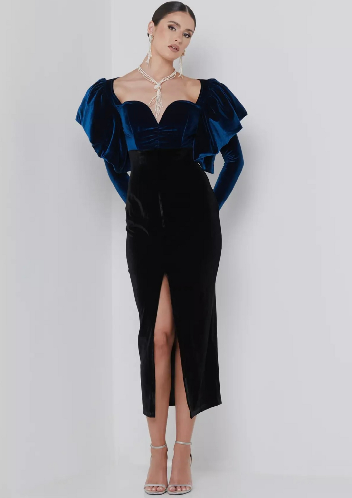 Selena Frilled Shoulder Velvet Midi Dress