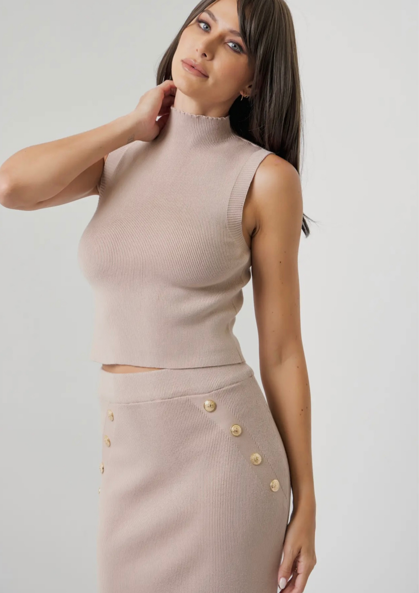 Knit Cardigan Mock Neck top & Midi Skirt Set