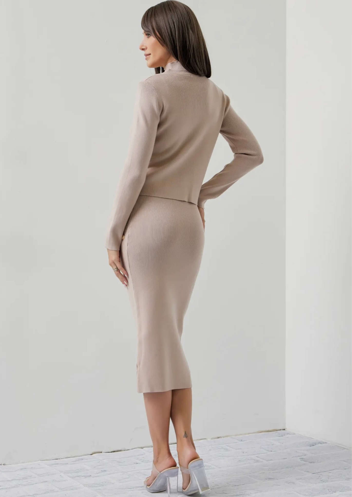 Knit Cardigan Mock Neck top & Midi Skirt Set