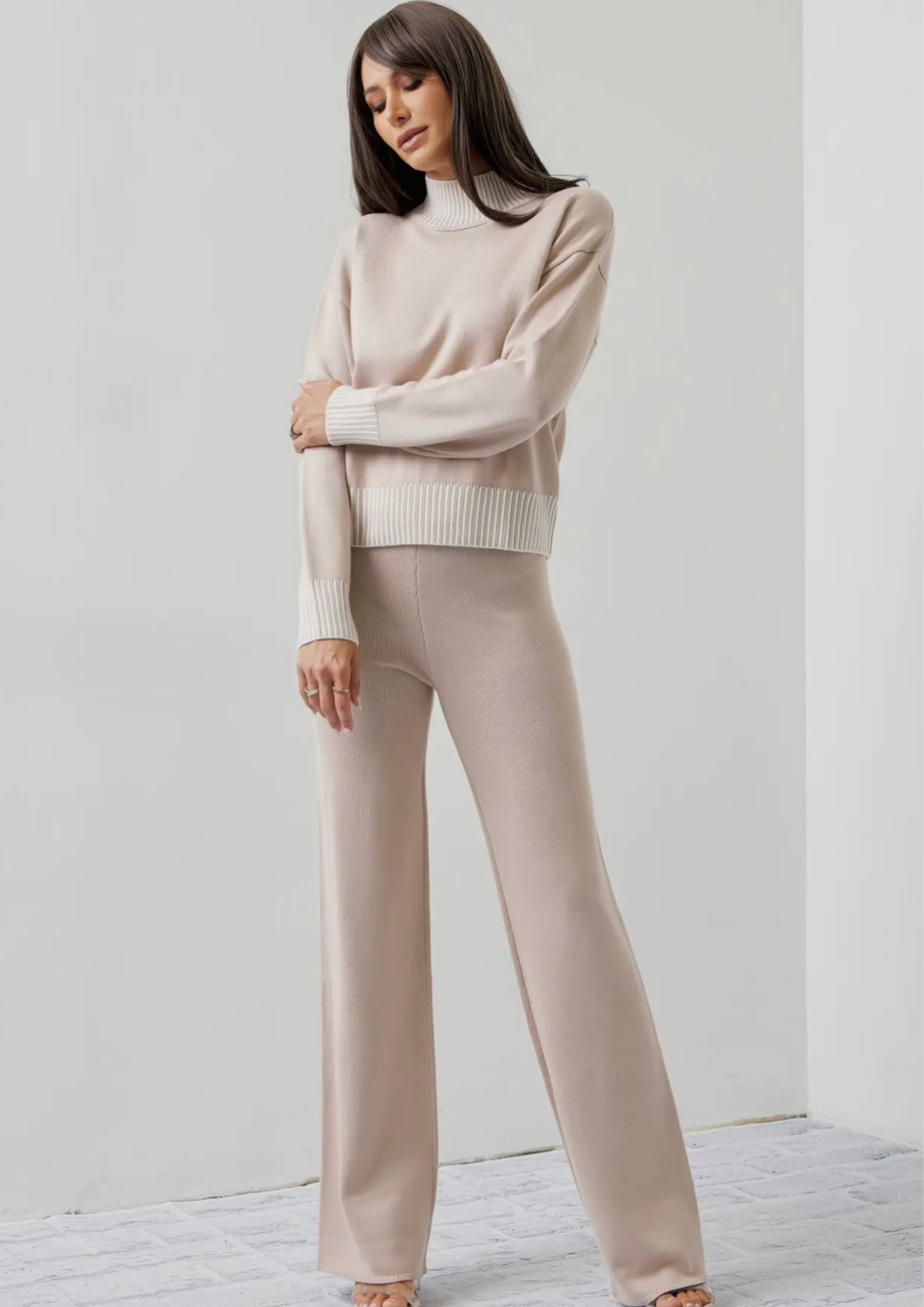 Knit Contrast Stitch Mock top and Pants Setb
