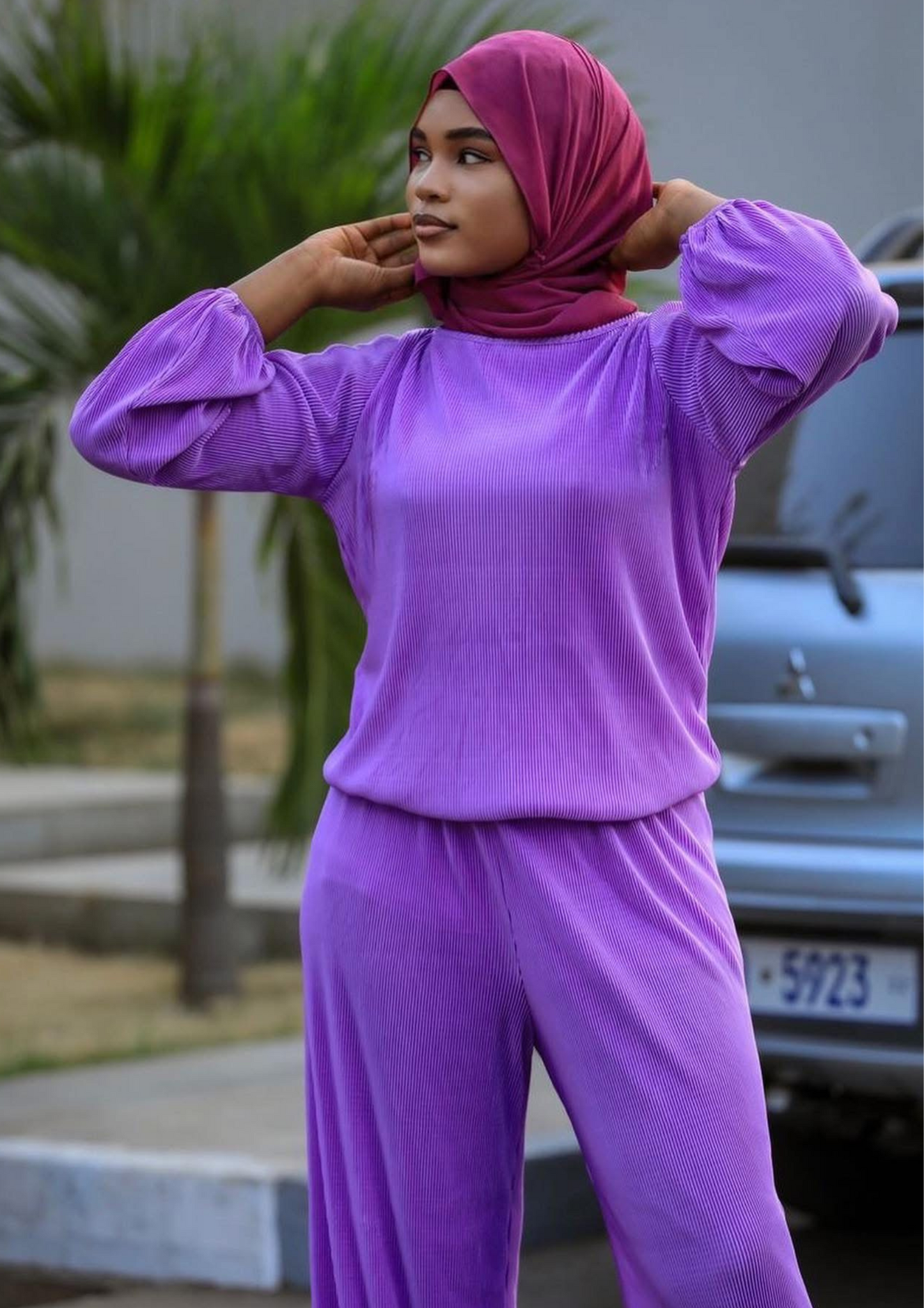 Plisse Peplum Top and Wide Leg Pants Co Ord.