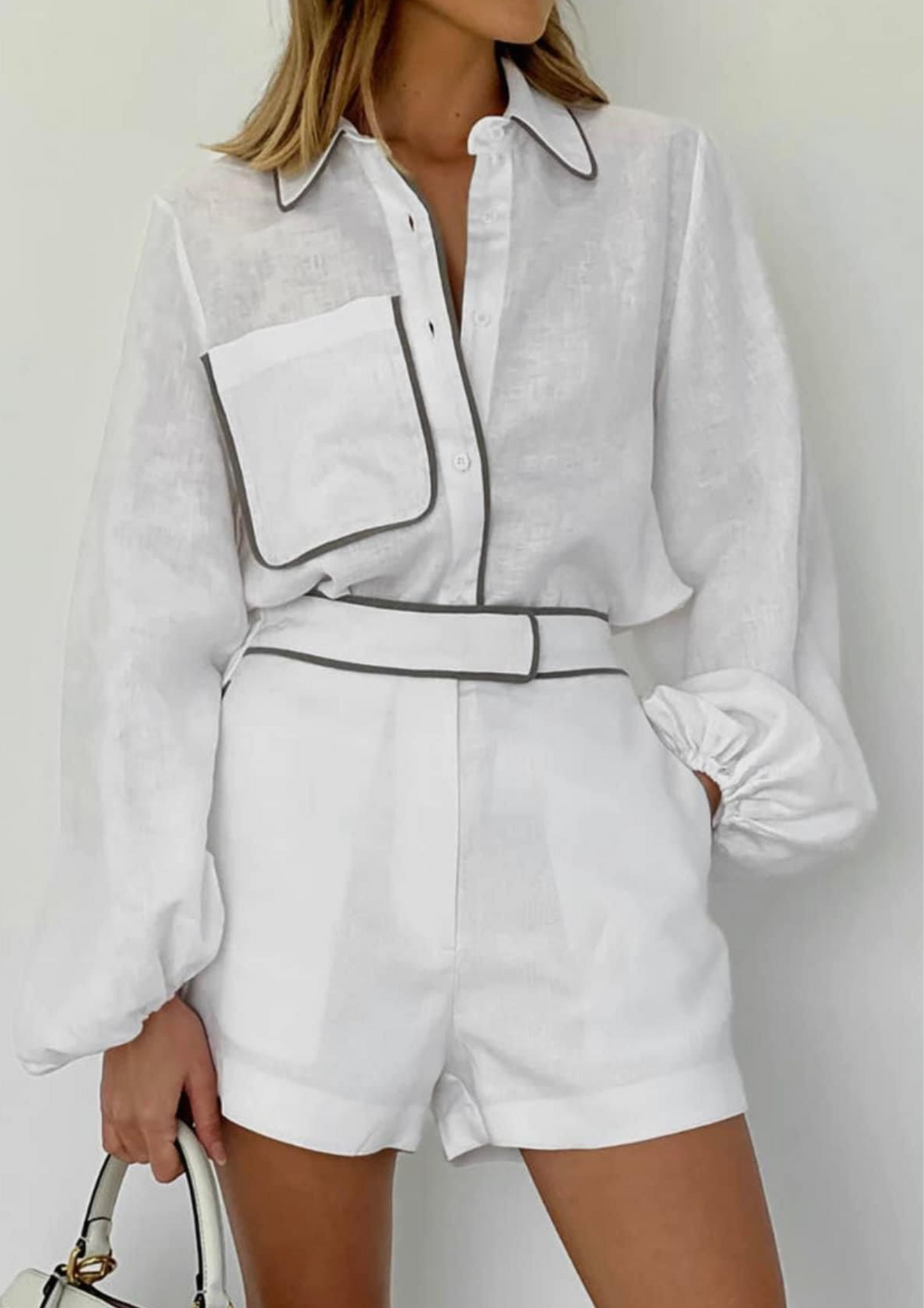 Contrast Trim Cotton Linen Two Piece Shorts Set Outfits.