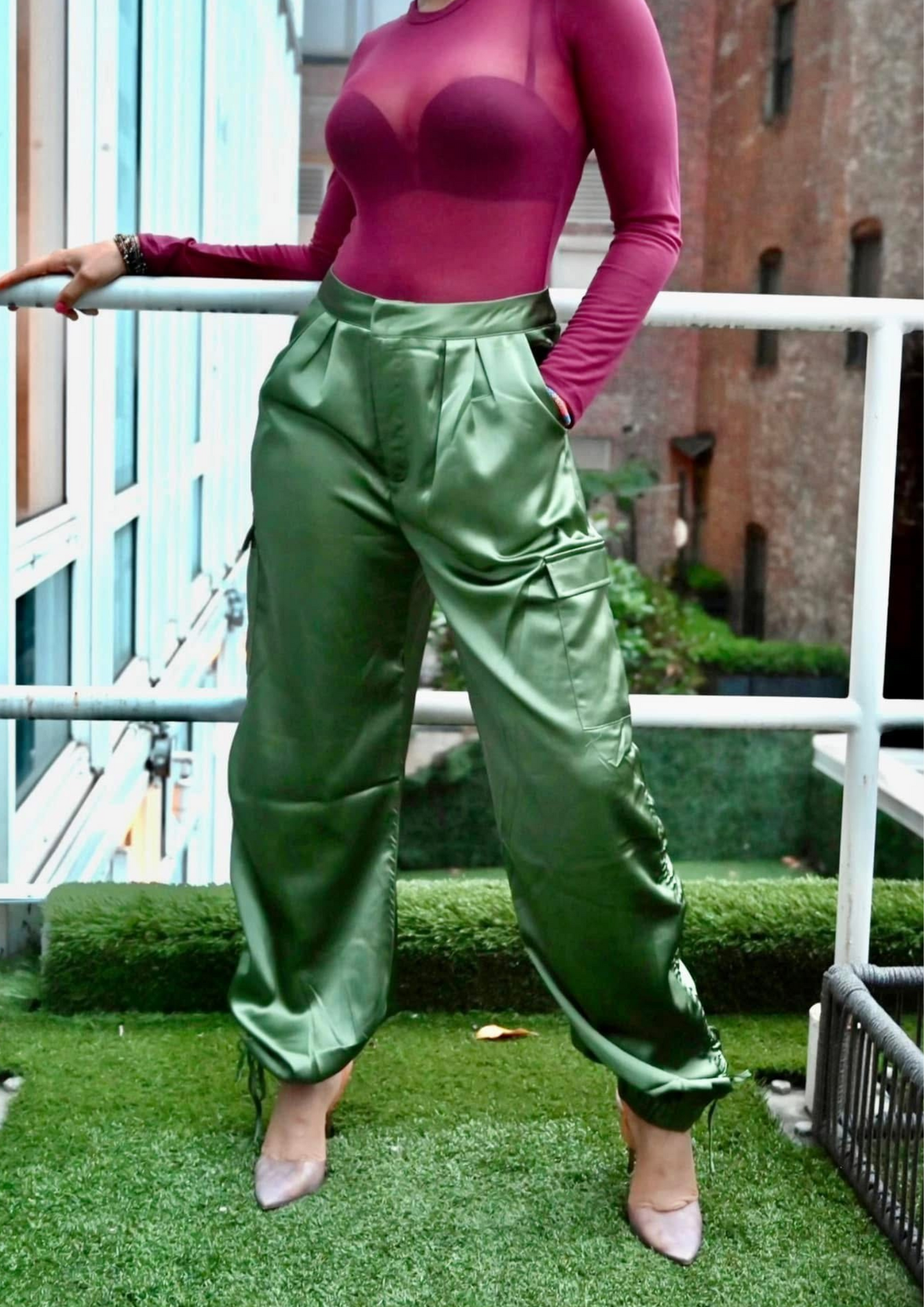 Satin Relaxed Cargo Green Pants