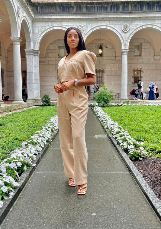 Short-Sleeve Blazer Jacket and pants set tan