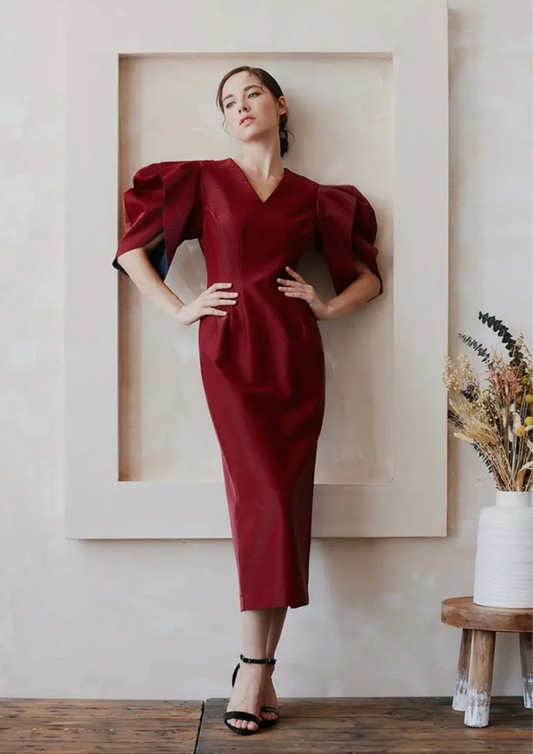 Puff Sleeves Faux Leather Midi Dress