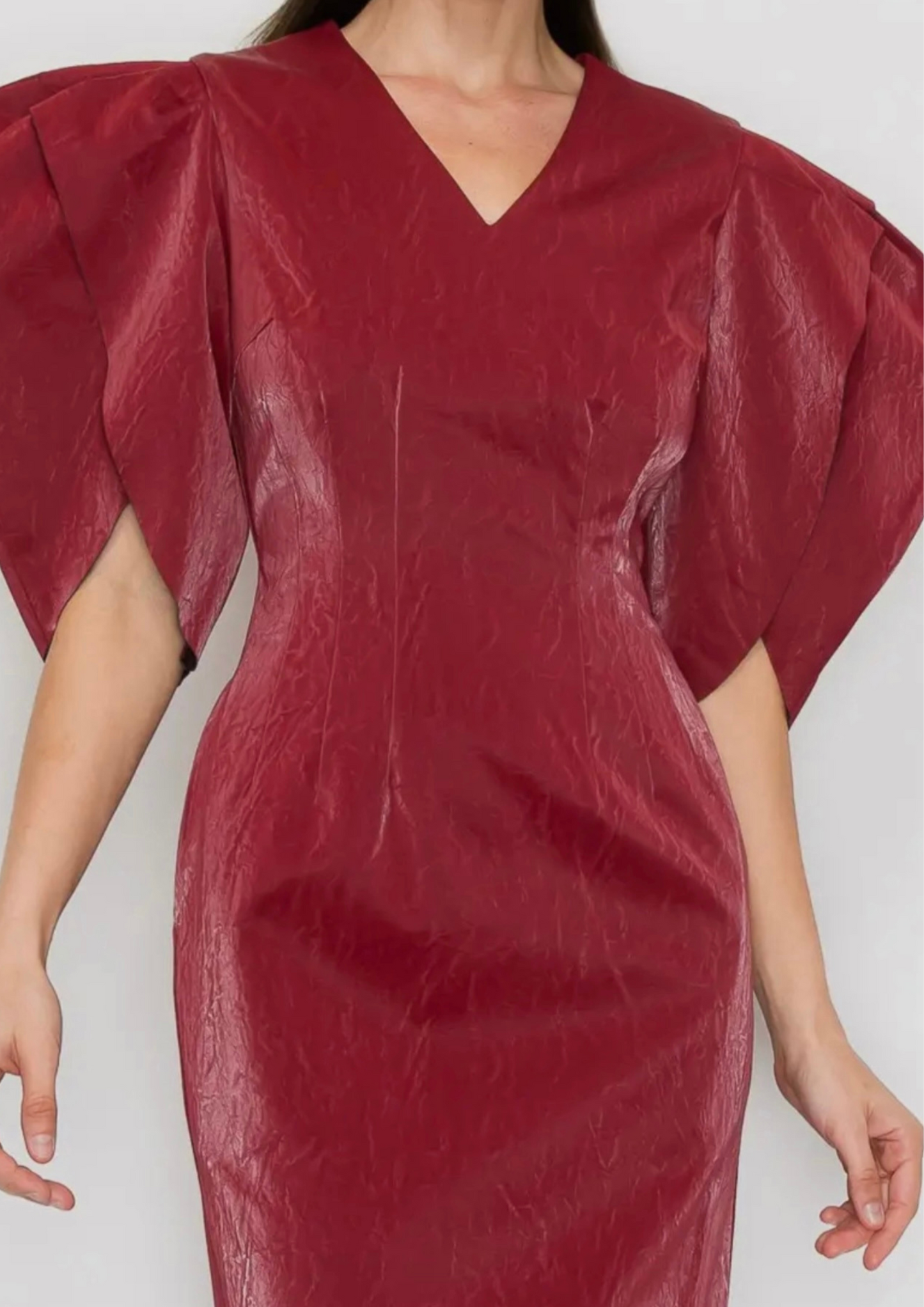 Puff Sleeves Faux Leather Midi Dress