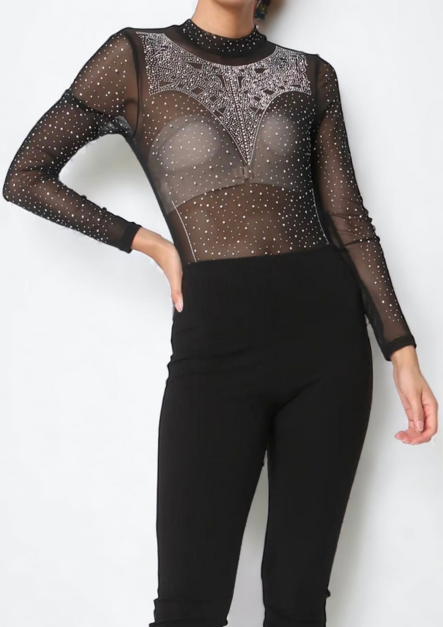 Mesh Top Rhinestone Bobysuit