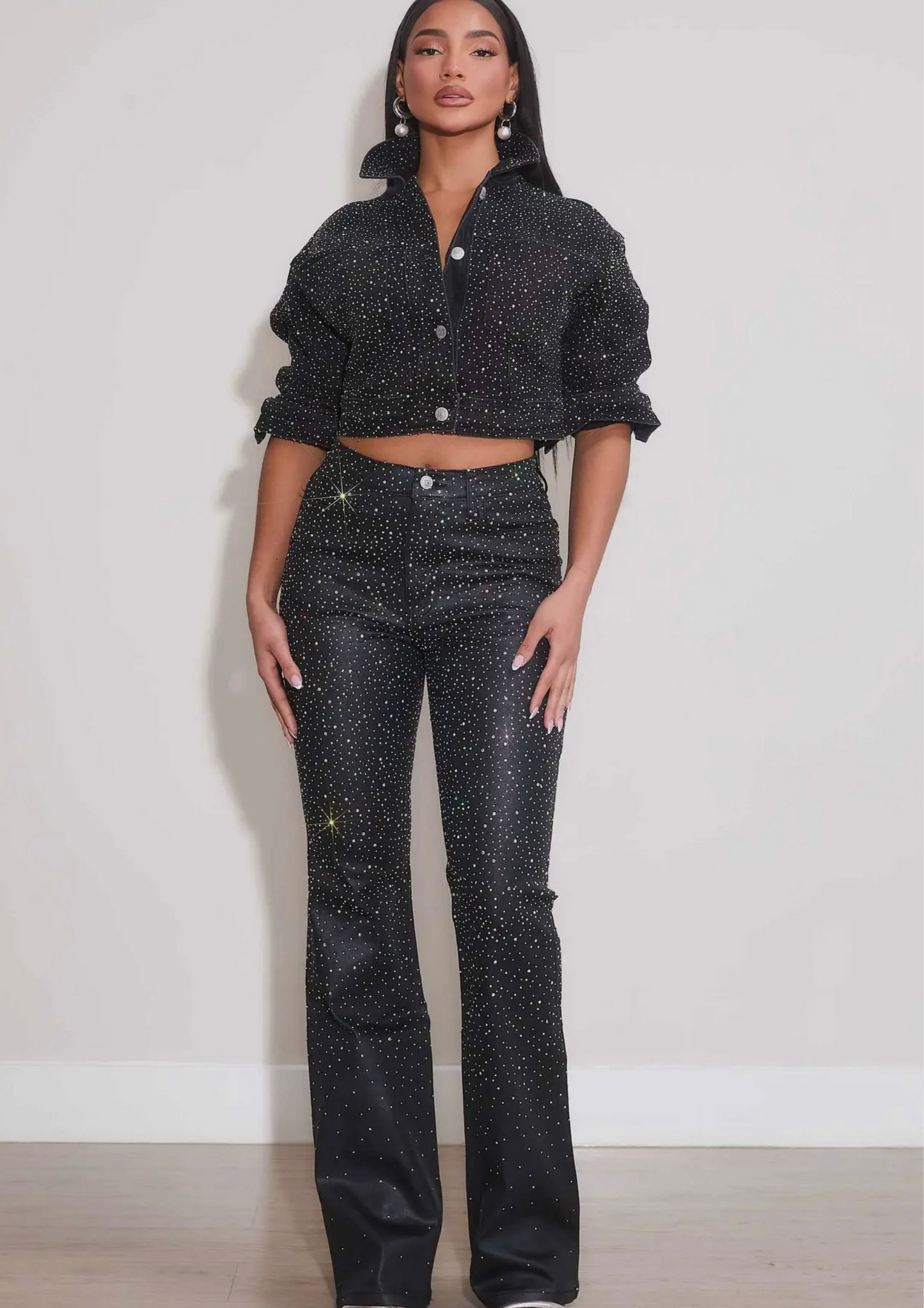 Iridescent Rhinestone Bootcut Coated Pants