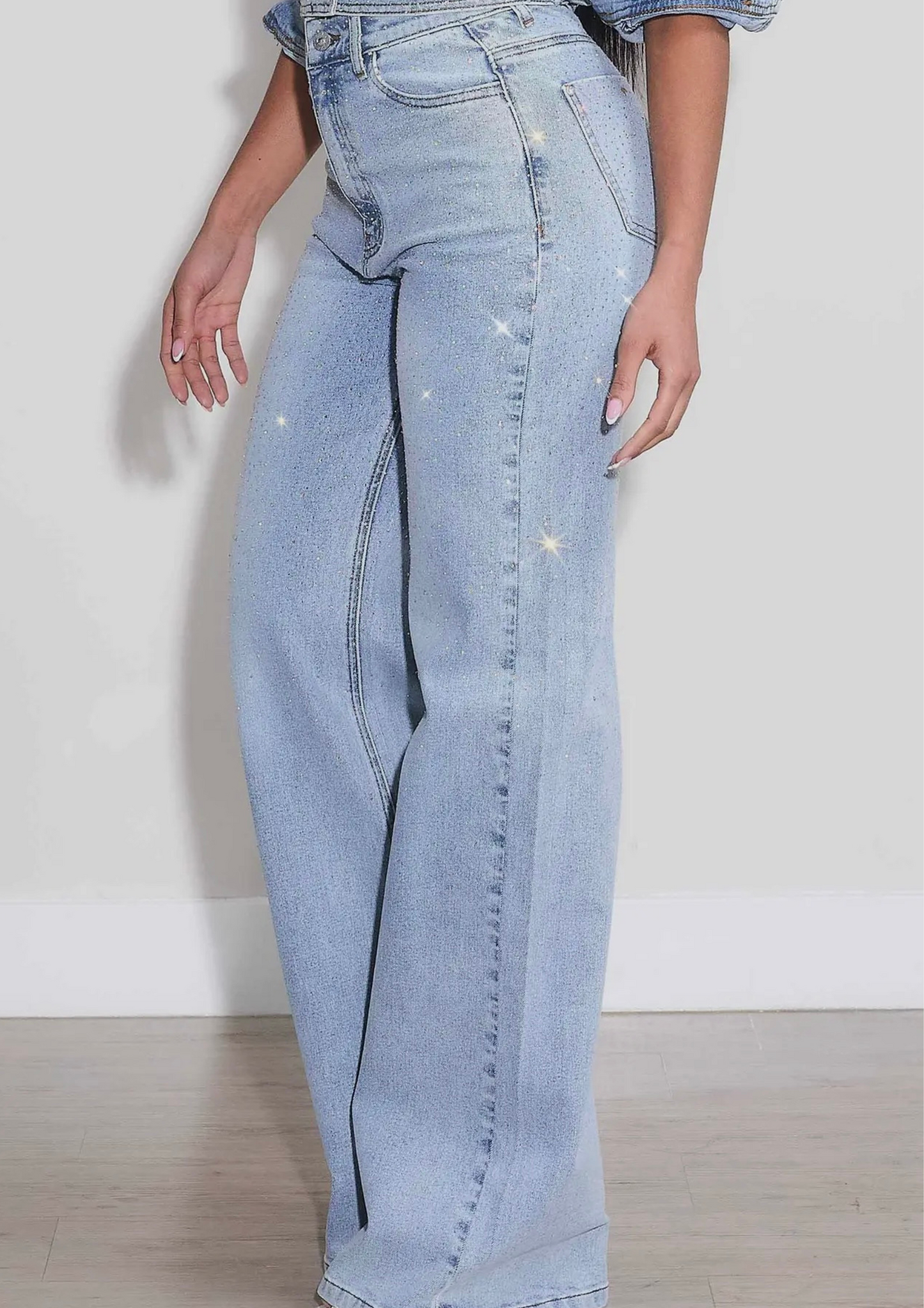 Iridescent Rhinestone High Rise Wide Leg Jeans