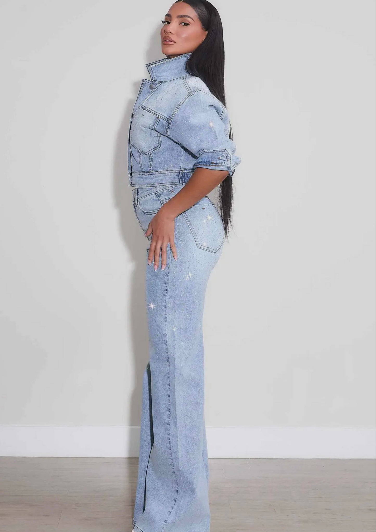 Iridescent Rhinestone High Rise Wide Leg Jeans