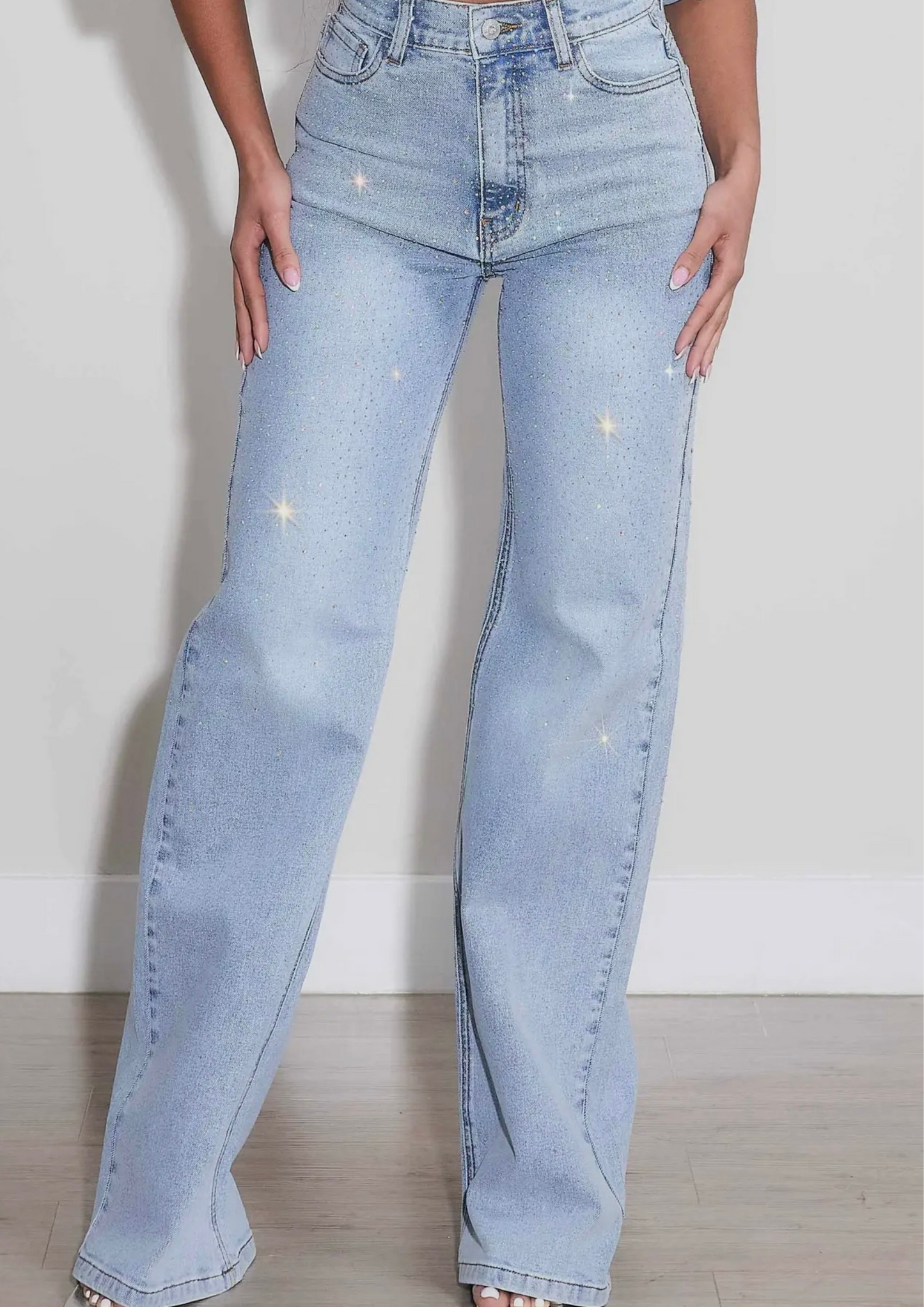 Iridescent Rhinestone High Rise Wide Leg Jeans