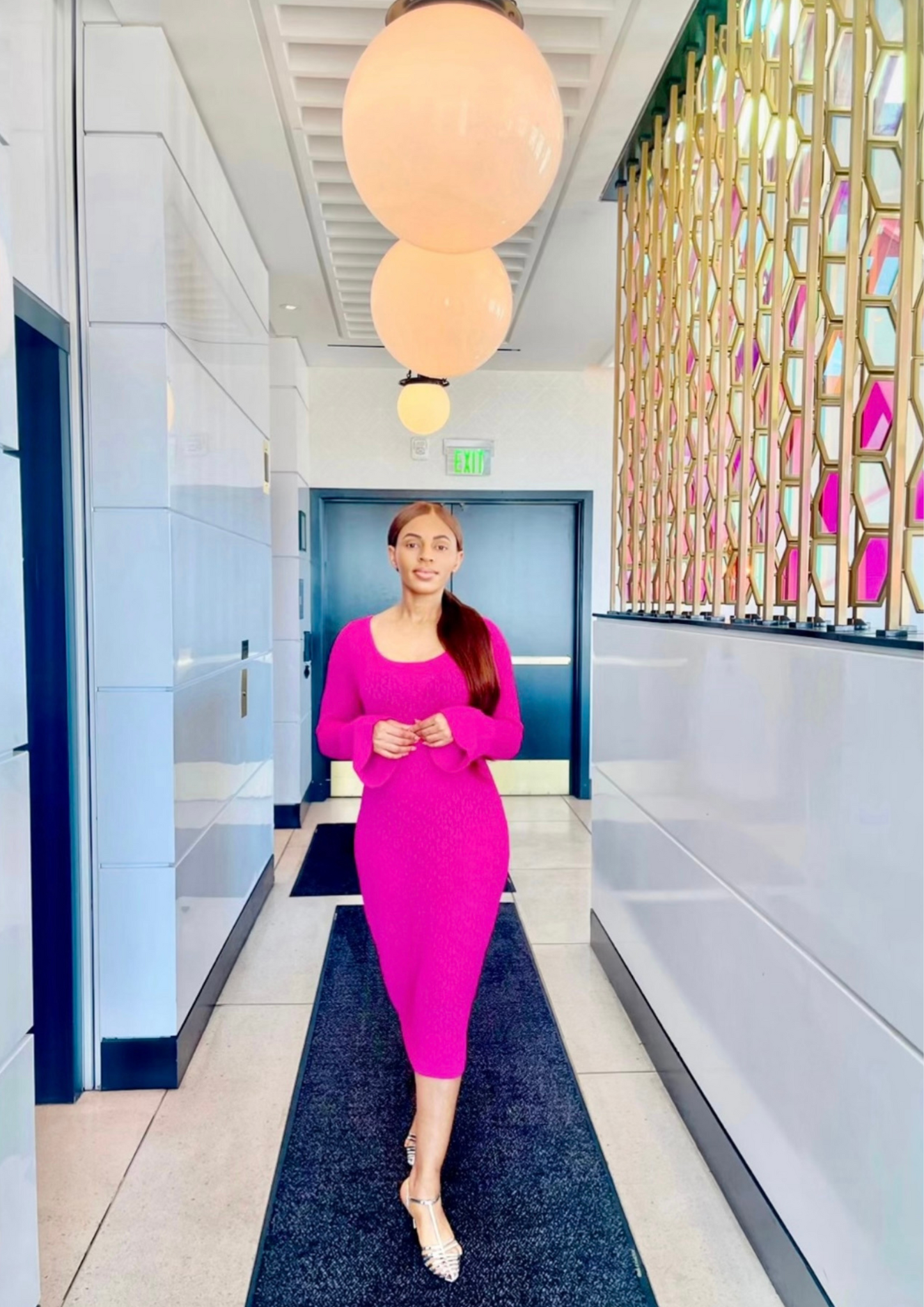 OPENWORK KNIT DEEP ROUND NECK LONG SLEEVE BELL DRESS