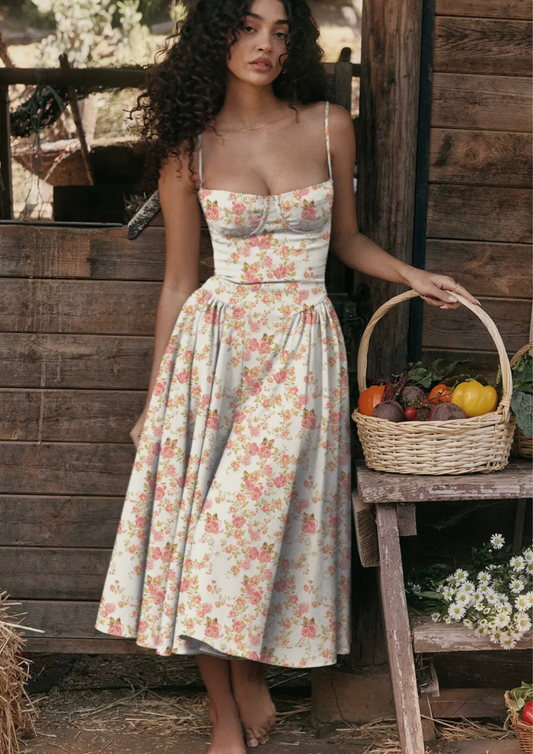 String Shoulder Solid & Floral Ladies Dress