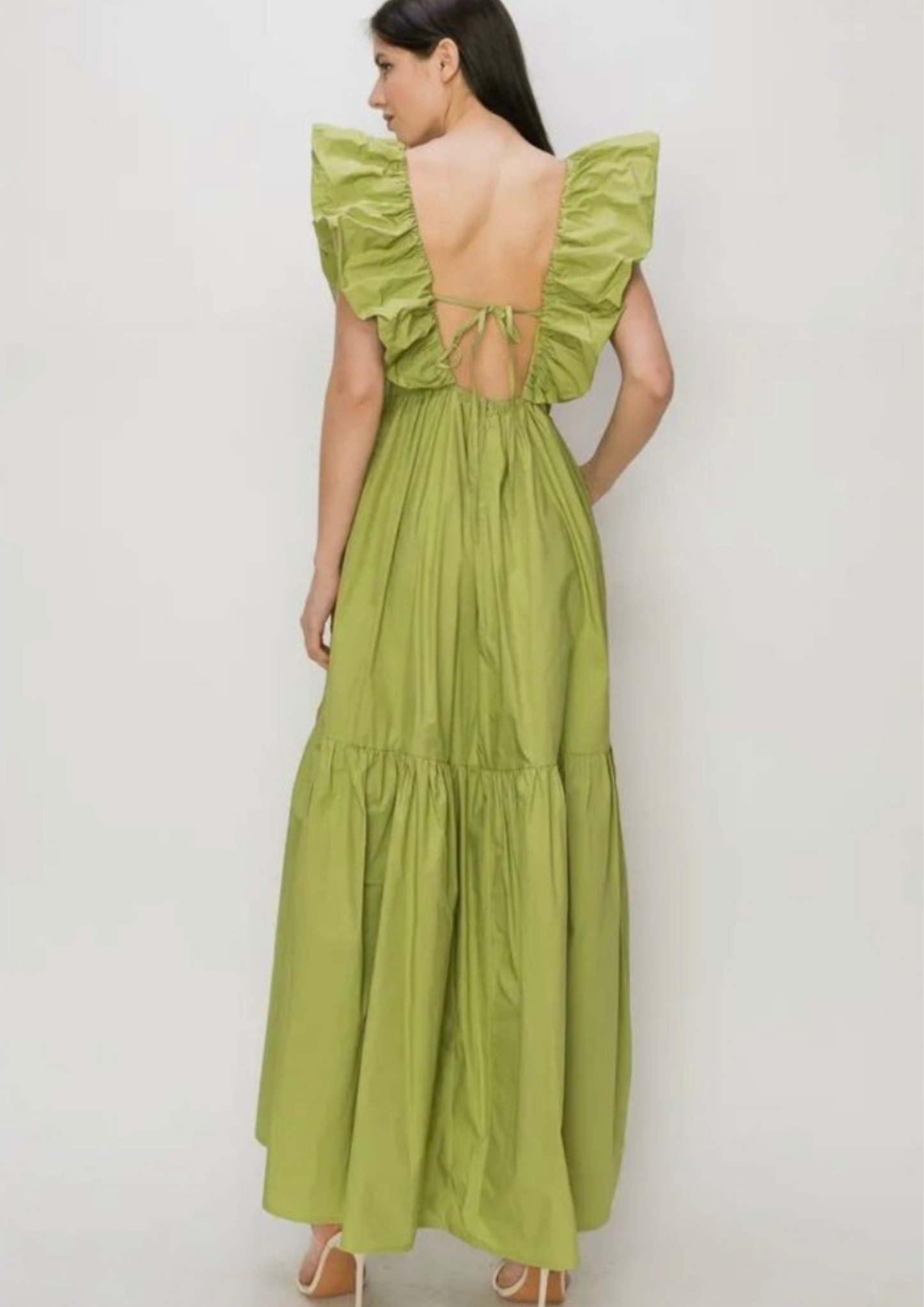 Cotton Ruffle Shoulder Tiered Sleeves Ruched Maxi Dress