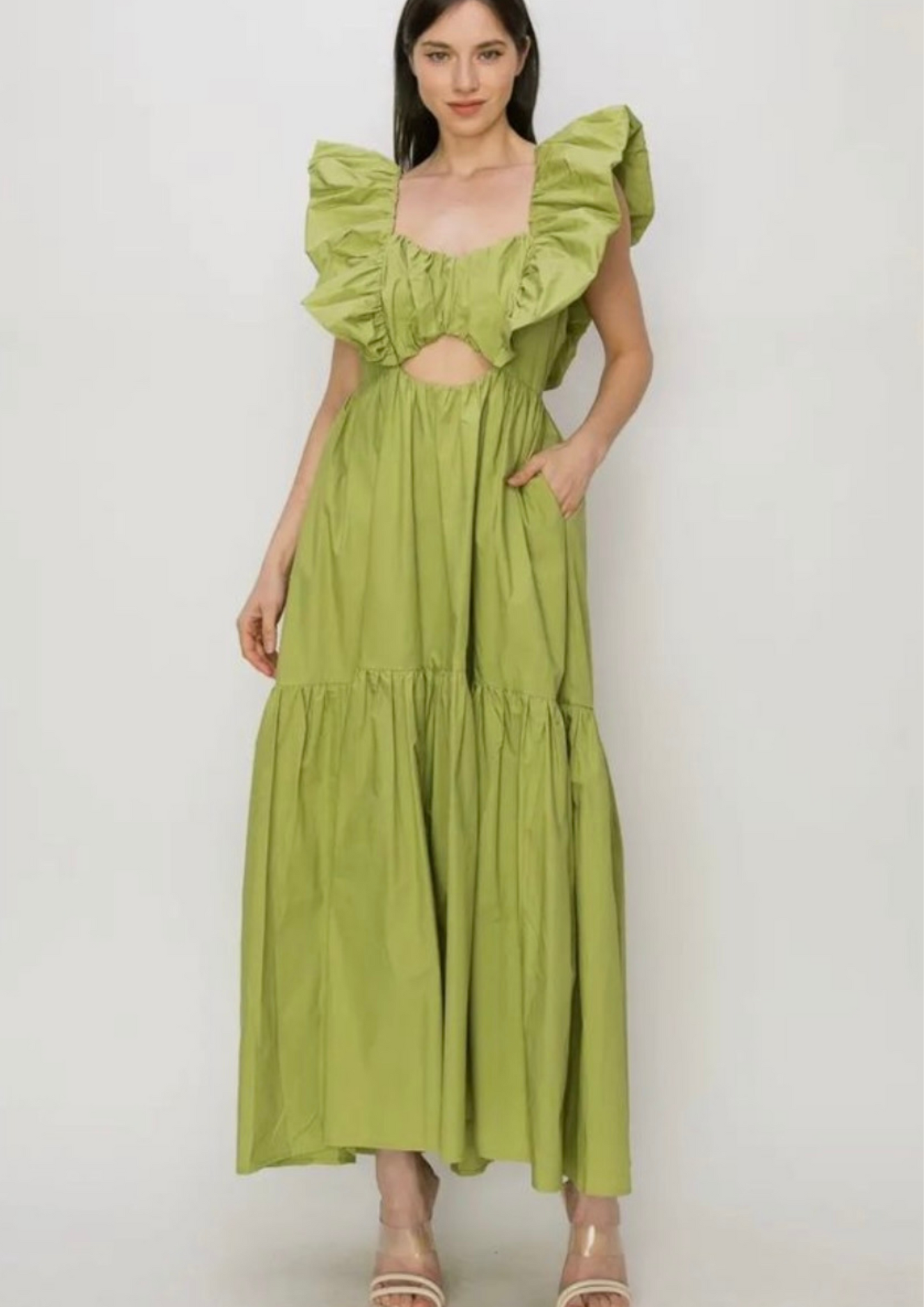 Cotton Ruffle Shoulder Tiered Sleeves Ruched Maxi Dress