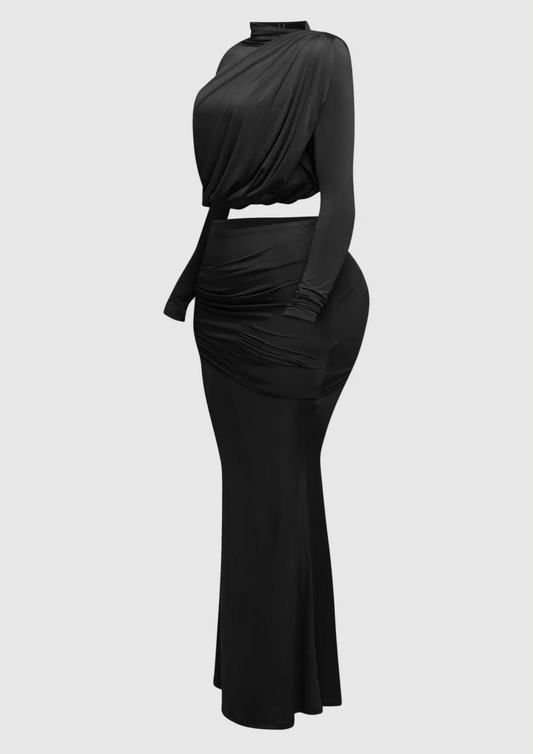 Shirring Detailed Long Sleeve Top & Long Skirt