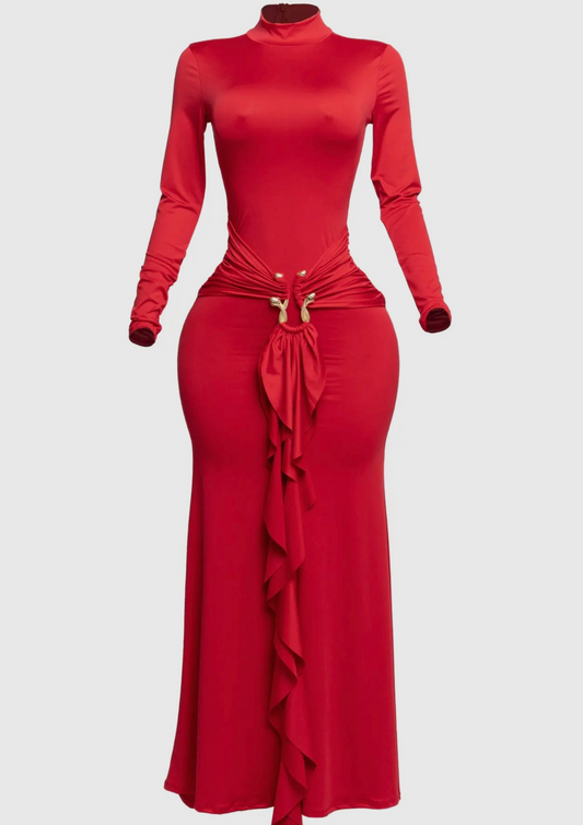 Trimmed Ruffle Down Long Sleeve Maxi Dress