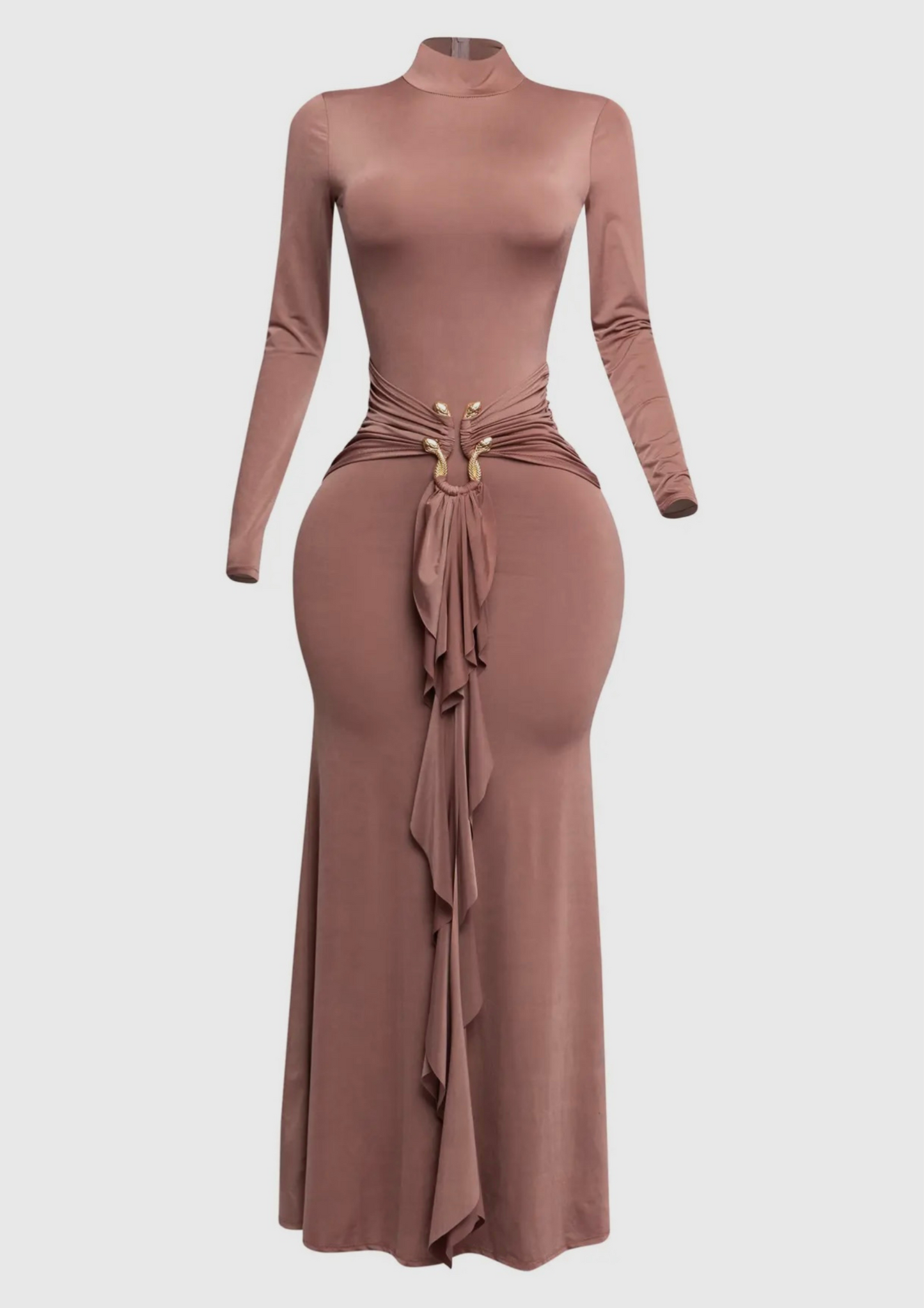 Trimmed Ruffle Down Long Sleeve Maxi Dress