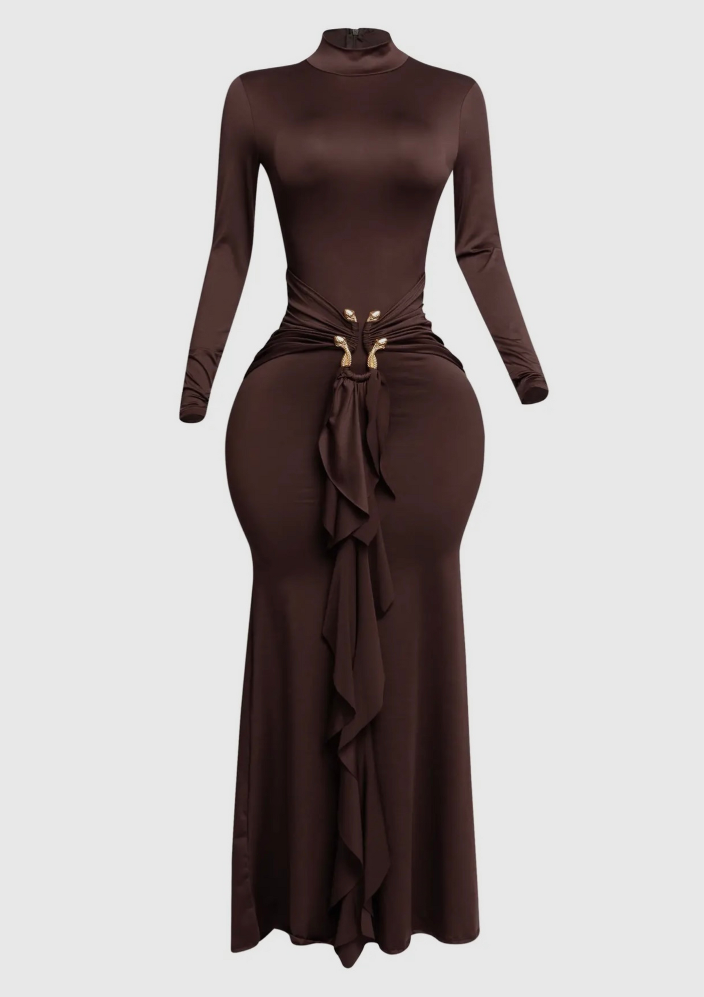 Trimmed Ruffle Down Long Sleeve Maxi Dress