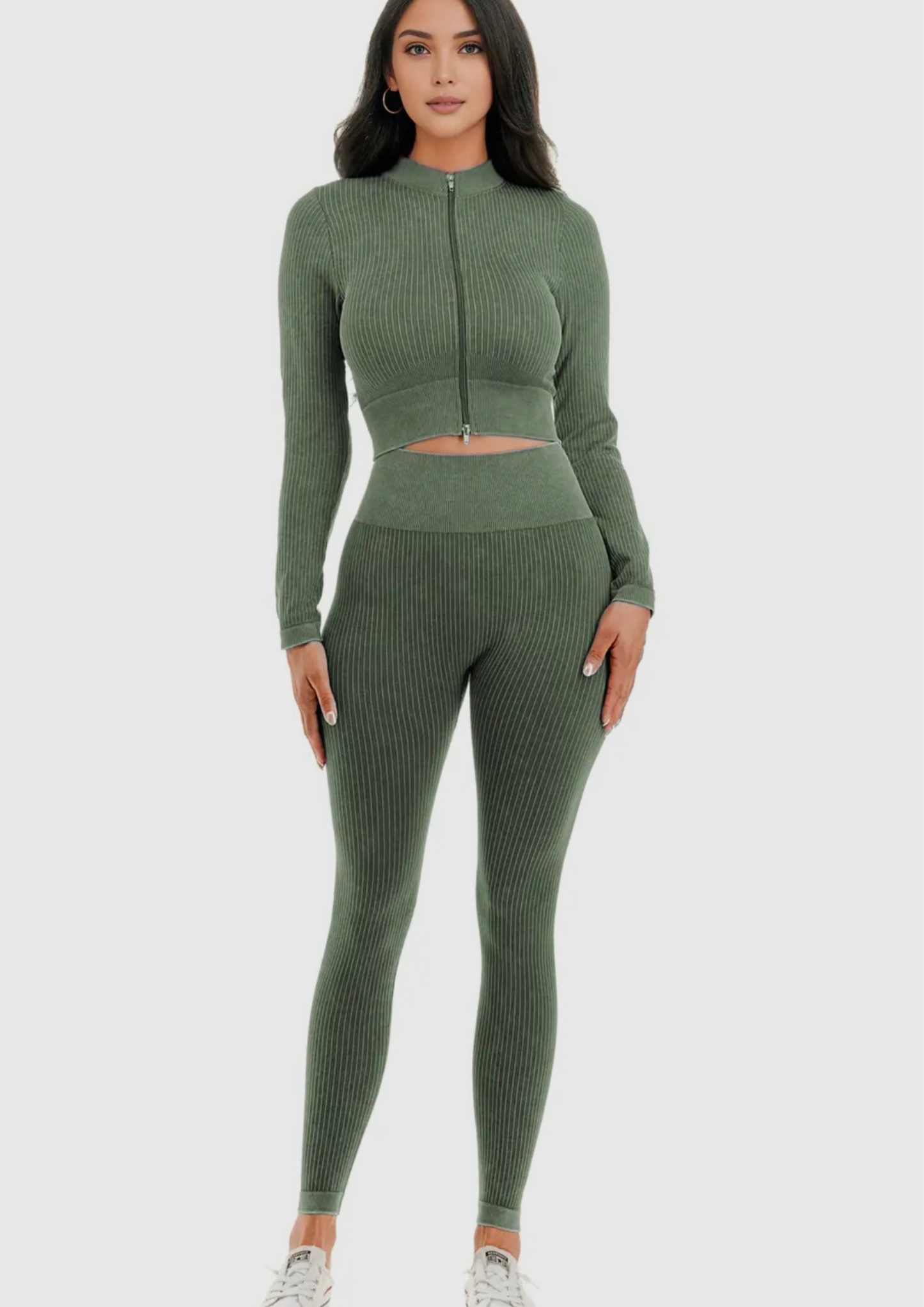 Seamless Acid Mineral Washed Crop Jacket W/Leggings Set